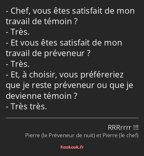 Chef, vous êtes satisfait de mon travail de témoin ? Très. Et vous êtes satisfait de mon travail de…