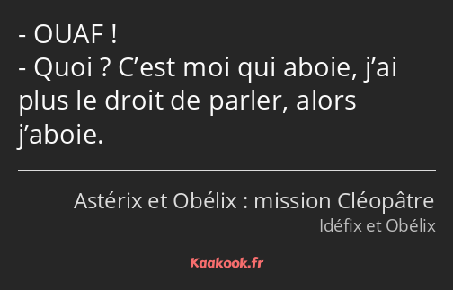 OUAF ! Quoi ? C’est moi qui aboie, j’ai plus le droit de parler, alors j’aboie.