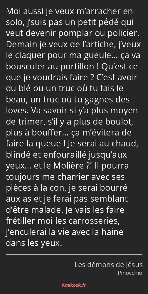 Moi aussi je veux m’arracher en solo, j’suis pas un petit pédé qui veut devenir pomplar ou policier…