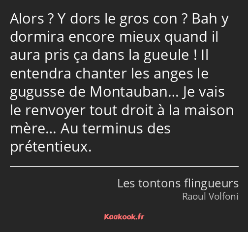 Alors ? Y dors le gros con ? Bah y dormira encore mieux quand il aura pris ça dans la gueule ! Il…