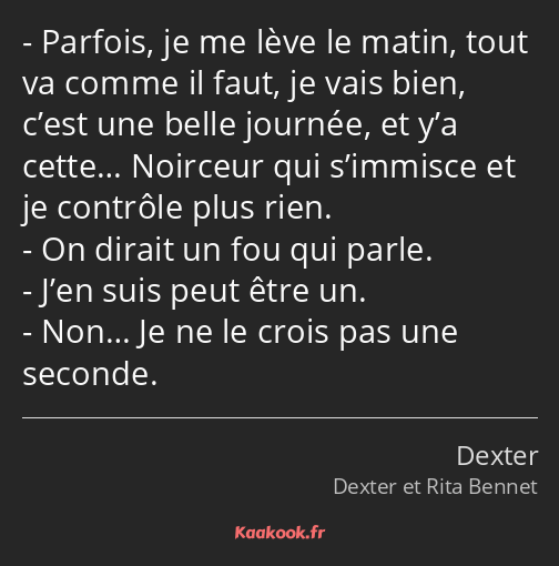 Parfois, je me lève le matin, tout va comme il faut, je vais bien, c’est une belle journée, et y’a…