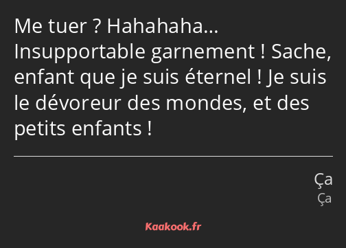 Me tuer ? Hahahaha… Insupportable garnement ! Sache, enfant que je suis éternel ! Je suis le…