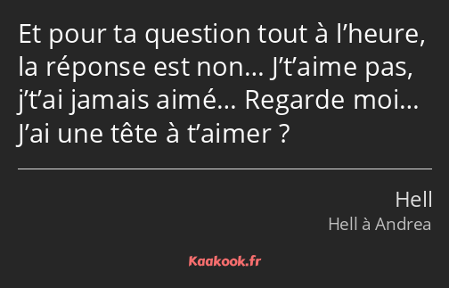 Et pour ta question tout à l’heure, la réponse est non… J’t’aime pas, j’t’ai jamais aimé… Regarde…