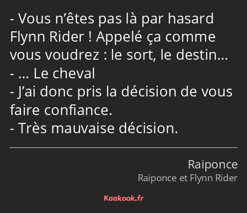 Vous n’êtes pas là par hasard Flynn Rider ! Appelé ça comme vous voudrez : le sort, le destin… … Le…