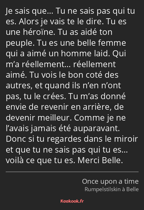 Je sais que… Tu ne sais pas qui tu es. Alors je vais te le dire. Tu es une héroïne. Tu as aidé ton…