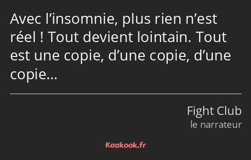 Avec l’insomnie, plus rien n’est réel ! Tout devient lointain. Tout est une copie, d’une copie…