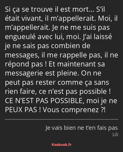 Si ça se trouve il est mort… S’il était vivant, il m’appellerait. Moi, il m’appellerait. Je ne me…