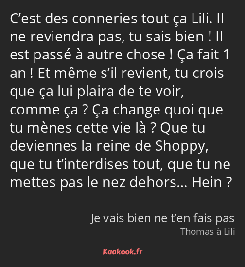 C’est des conneries tout ça Lili. Il ne reviendra pas, tu sais bien ! Il est passé à autre chose…