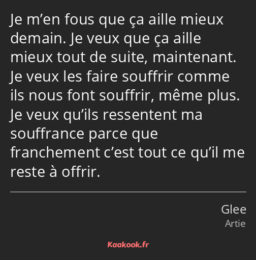 Je m’en fous que ça aille mieux demain. Je veux que ça aille mieux tout de suite, maintenant. Je…