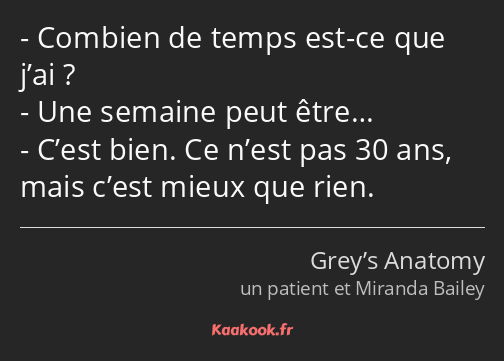 Combien de temps est-ce que j’ai ? Une semaine peut être… C’est bien. Ce n’est pas 30 ans, mais…