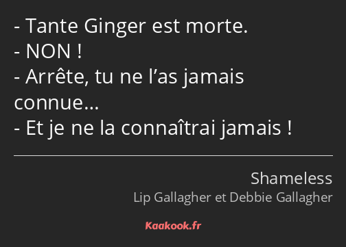 Tante Ginger est morte. NON ! Arrête, tu ne l’as jamais connue… Et je ne la connaîtrai jamais !