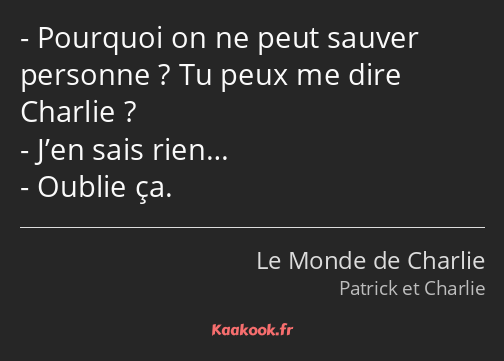 Pourquoi on ne peut sauver personne ? Tu peux me dire Charlie ? J’en sais rien… Oublie ça.