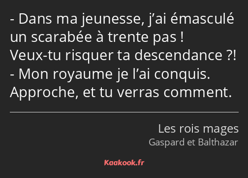 Dans ma jeunesse, j’ai émasculé un scarabée à trente pas ! Veux-tu risquer ta descendance ?! Mon…