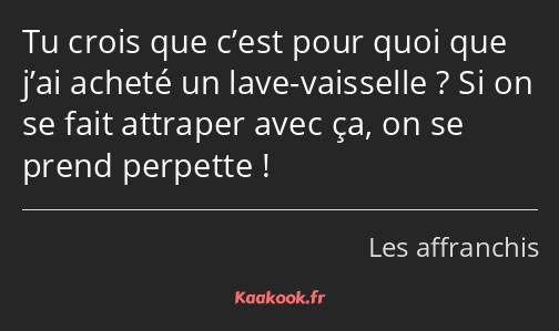 Tu crois que c’est pour quoi que j’ai acheté un lave-vaisselle ? Si on se fait attraper avec ça, on…