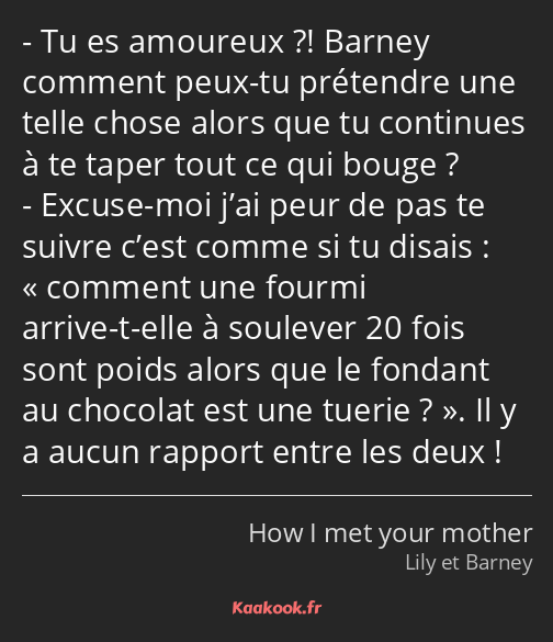 Tu es amoureux ?! Barney comment peux-tu prétendre une telle chose alors que tu continues à te…