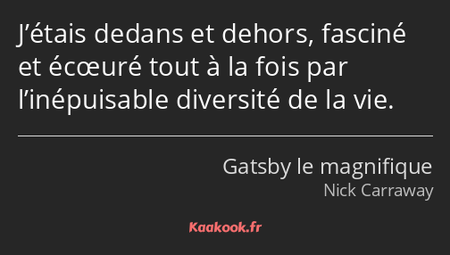 J’étais dedans et dehors, fasciné et écœuré tout à la fois par l’inépuisable diversité de la vie.