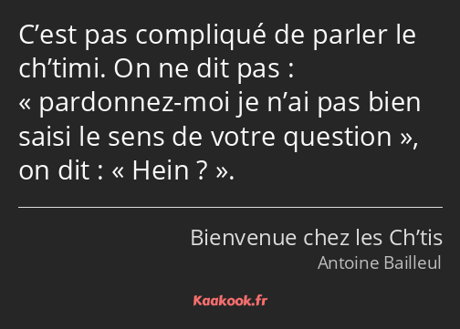 C’est pas compliqué de parler le ch’timi. On ne dit pas : pardonnez-moi je n’ai pas bien saisi le…