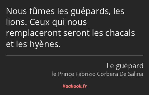 Nous fûmes les guépards, les lions. Ceux qui nous remplaceront seront les chacals et les hyènes.