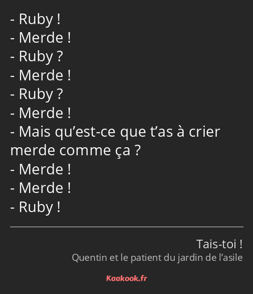 Ruby ! Merde ! Ruby ? Merde ! Ruby ? Merde ! Mais qu’est-ce que t’as à crier merde comme ça ? Merde…