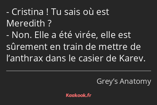 Cristina ! Tu sais où est Meredith ? Non. Elle a été virée, elle est sûrement en train de mettre de…