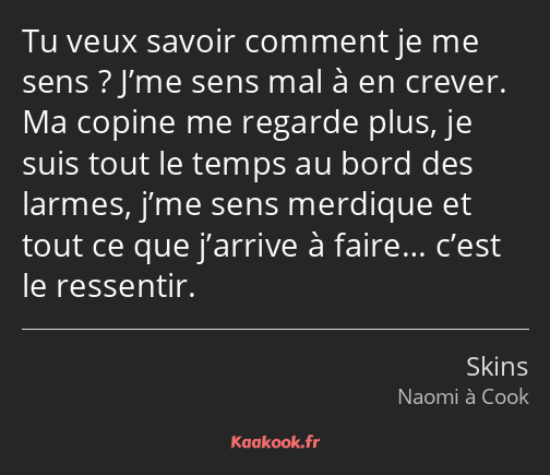 Tu veux savoir comment je me sens ? J’me sens mal à en crever. Ma copine me regarde plus, je suis…