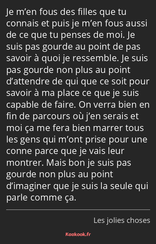 Je m’en fous des filles que tu connais et puis je m’en fous aussi de ce que tu penses de moi. Je…