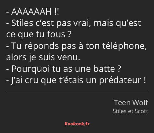 AAAAAAH !! Stiles c’est pas vrai, mais qu’est ce que tu fous ? Tu réponds pas à ton téléphone…