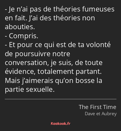 Je n’ai pas de théories fumeuses en fait. J’ai des théories non abouties. Compris. Et pour ce qui…