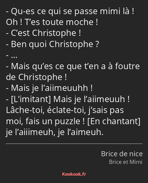 Qu-es ce qui se passe mimi là ! Oh ! T’es toute moche ! C’est Christophe ! Ben quoi Christophe ? ……