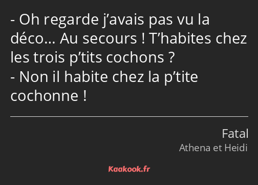 Oh regarde j’avais pas vu la déco… Au secours ! T’habites chez les trois p’tits cochons ? Non il…
