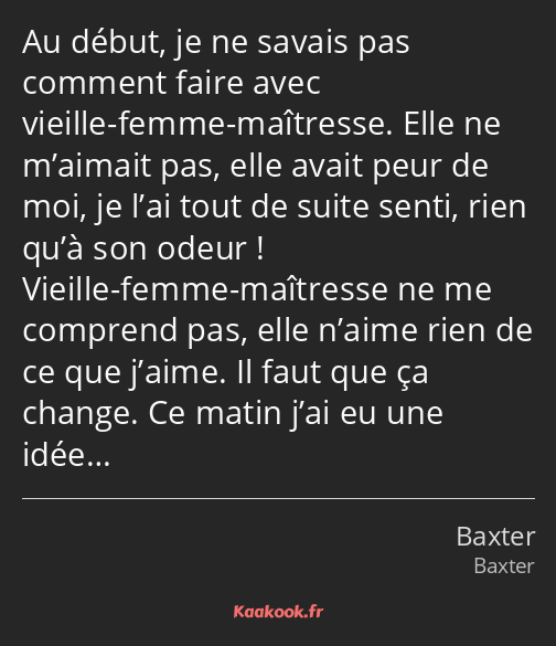 Au début, je ne savais pas comment faire avec vieille-femme-maîtresse. Elle ne m’aimait pas, elle…