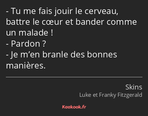 Tu me fais jouir le cerveau, battre le cœur et bander comme un malade ! Pardon ? Je m’en branle des…