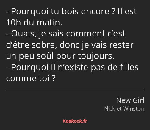 Pourquoi tu bois encore ? Il est 10h du matin. Ouais, je sais comment c’est d’être sobre, donc je…