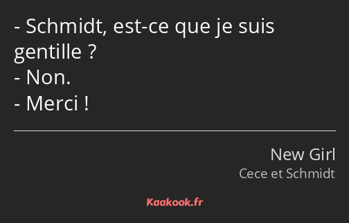 Schmidt, est-ce que je suis gentille ? Non. Merci !