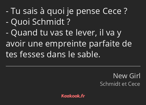 Tu sais à quoi je pense Cece ? Quoi Schmidt ? Quand tu vas te lever, il va y avoir une empreinte…