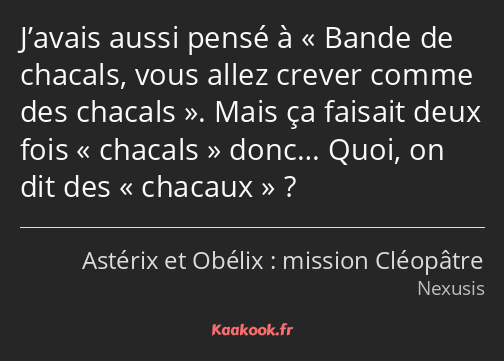 J’avais aussi pensé à Bande de chacals, vous allez crever comme des chacals. Mais ça faisait deux…