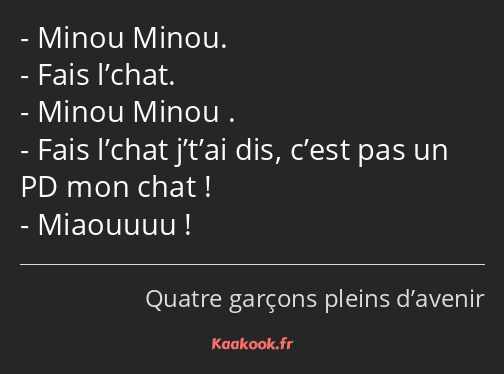 Minou Minou. Fais l’chat. Minou Minou . Fais l’chat j’t’ai dis, c’est pas un PD mon chat ! Miaouuuu…