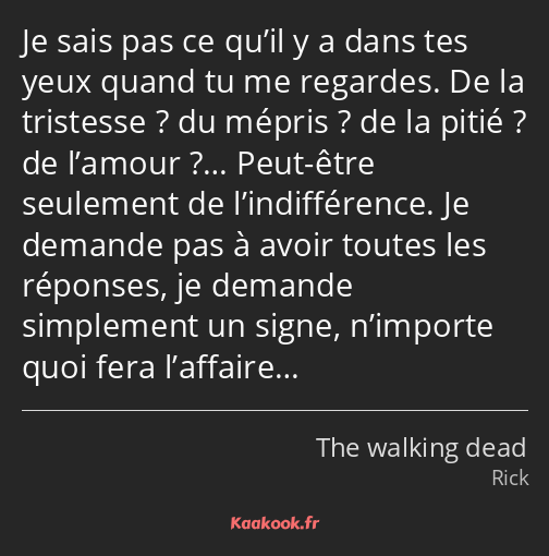 Je sais pas ce qu’il y a dans tes yeux quand tu me regardes. De la tristesse ? du mépris ? de la…