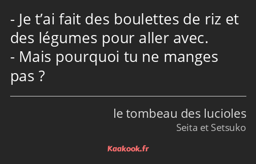 Je t’ai fait des boulettes de riz et des légumes pour aller avec. Mais pourquoi tu ne manges pas ?