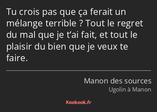 Tu crois pas que ça ferait un mélange terrible ? Tout le regret du mal que je t’ai fait, et tout le…