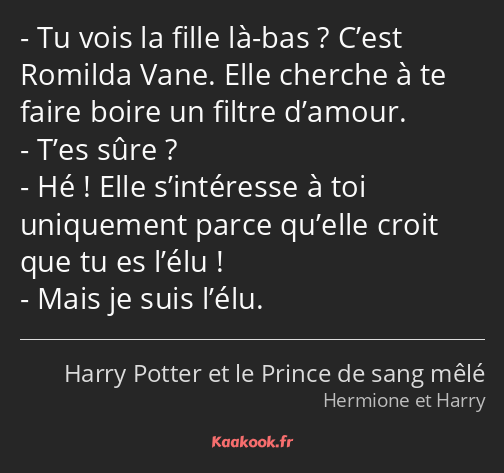 Tu vois la fille là-bas ? C’est Romilda Vane. Elle cherche à te faire boire un filtre d’amour. T’es…