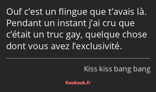 Ouf c’est un flingue que t’avais là. Pendant un instant j’ai cru que c’était un truc gay, quelque…