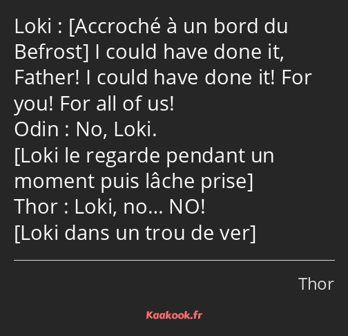  I could have done it, Father! I could have done it! For you! For all of us! No, Loki. Loki, no… NO…