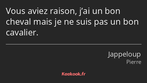 Vous aviez raison, j’ai un bon cheval mais je ne suis pas un bon cavalier.