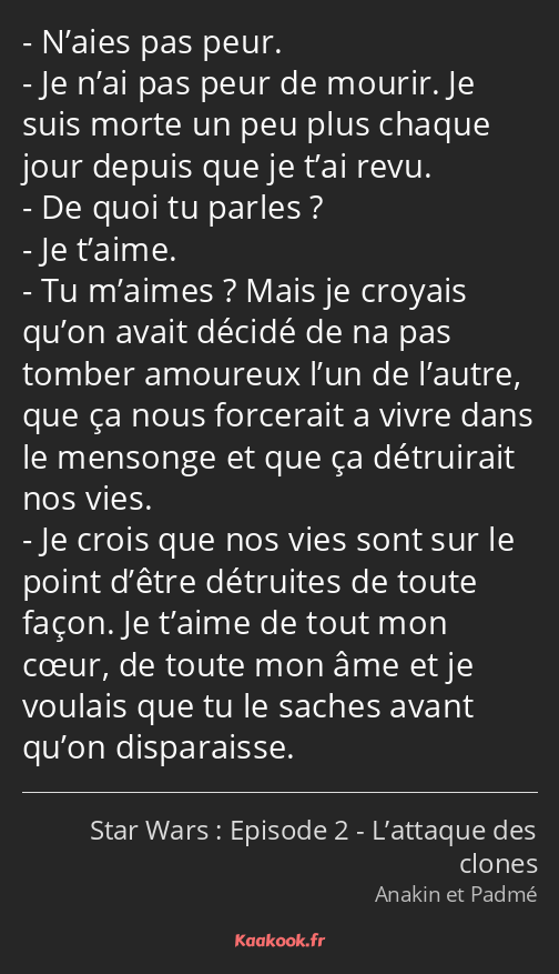 N’aies pas peur. Je n’ai pas peur de mourir. Je suis morte un peu plus chaque jour depuis que je…