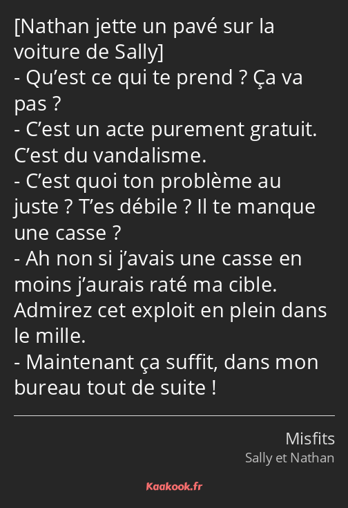  Qu’est ce qui te prend ? Ça va pas ? C’est un acte purement gratuit. C’est du vandalisme. C’est…