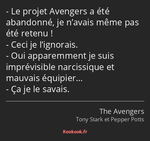 Le projet Avengers a été abandonné, je n’avais même pas été retenu ! Ceci je l’ignorais. Oui…