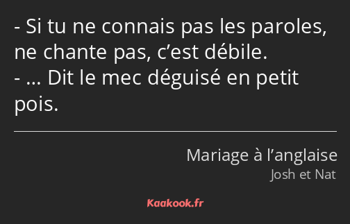 Si tu ne connais pas les paroles, ne chante pas, c’est débile. … Dit le mec déguisé en petit pois.