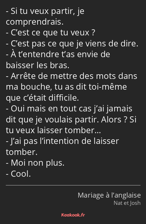 Si tu veux partir, je comprendrais. C’est ce que tu veux ? C’est pas ce que je viens de dire. À…