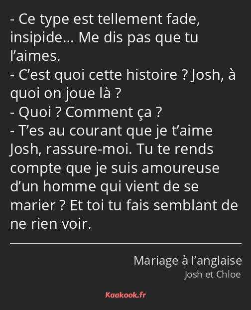 Ce type est tellement fade, insipide… Me dis pas que tu l’aimes. C’est quoi cette histoire ? Josh…